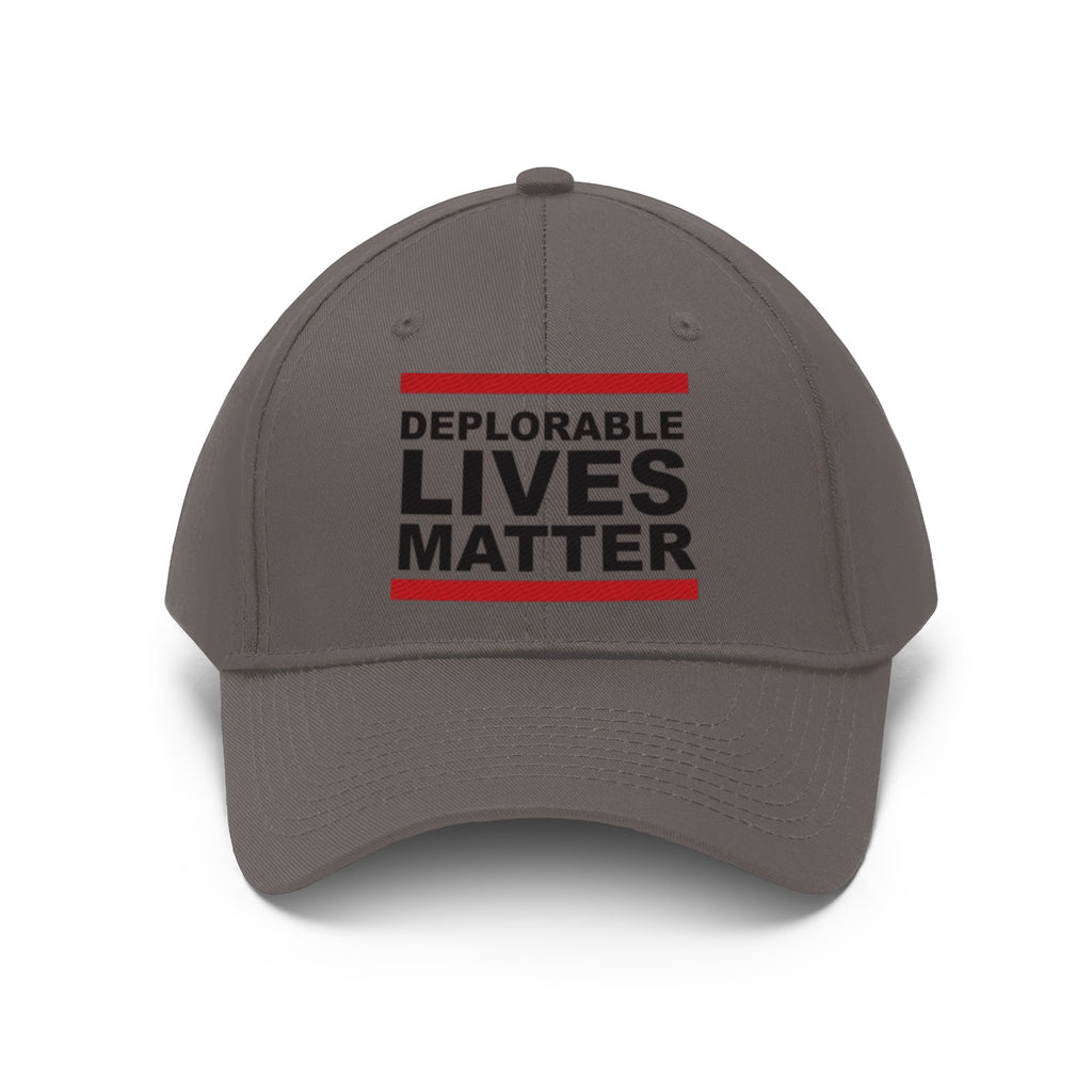 Deplorable Lives Matter Twill Cap featuring bold text on a gray dad hat, perfect for patriots and political rallies.