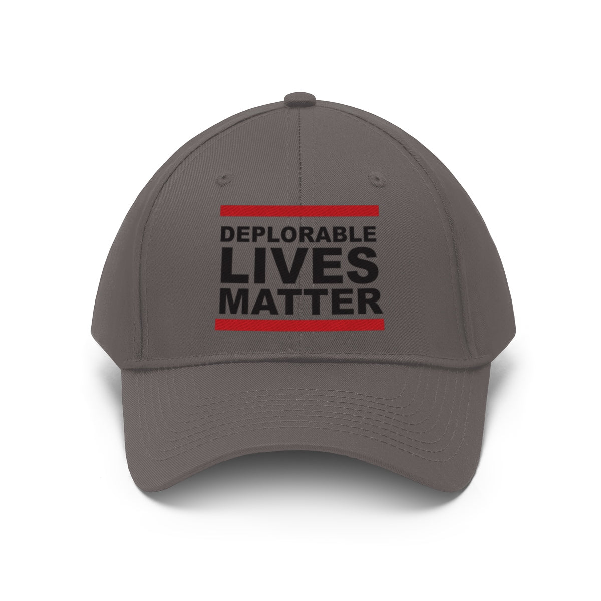 Deplorable Lives Matter Twill Cap featuring bold text on a gray dad hat, perfect for patriots and political rallies.