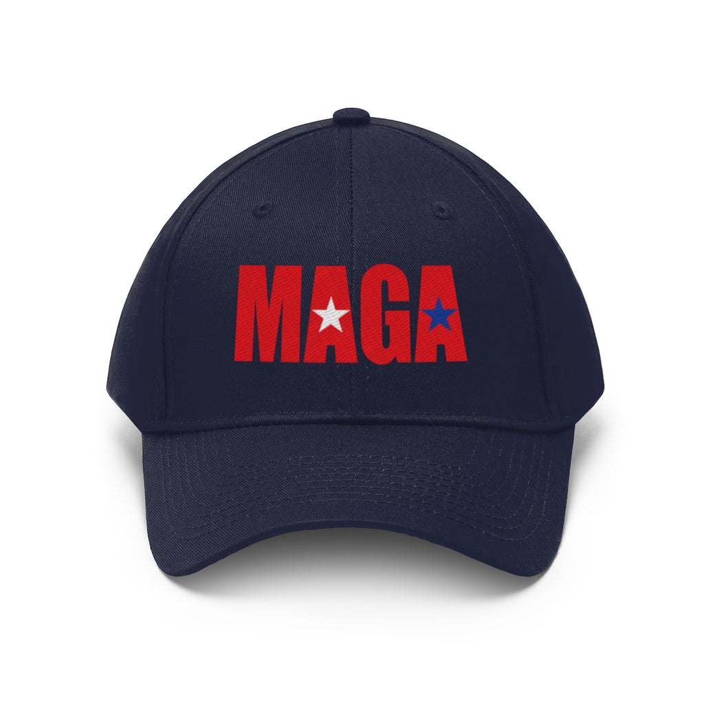 Embroidered MAGA Cotton Twill Cap Design featuring a bold red and blue color scheme.