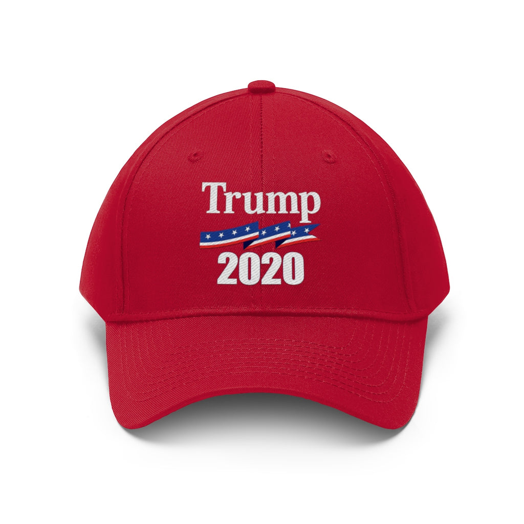 Patriotic 2020 Twill Cap for Trump in vibrant red with white lettering and blue accents.