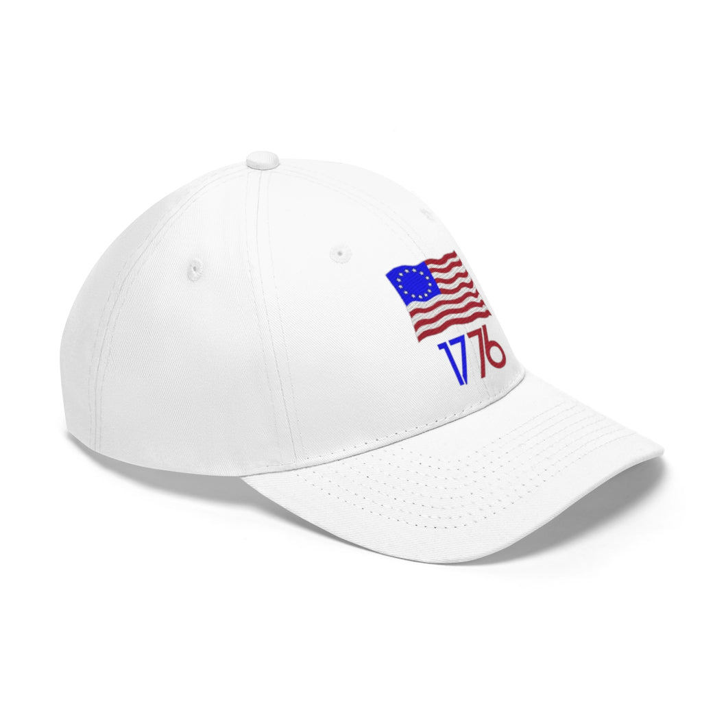 Betsy Ross Flag 1776 Twill Cap with American flag design embroidered on a white cap for a patriotic style statement.