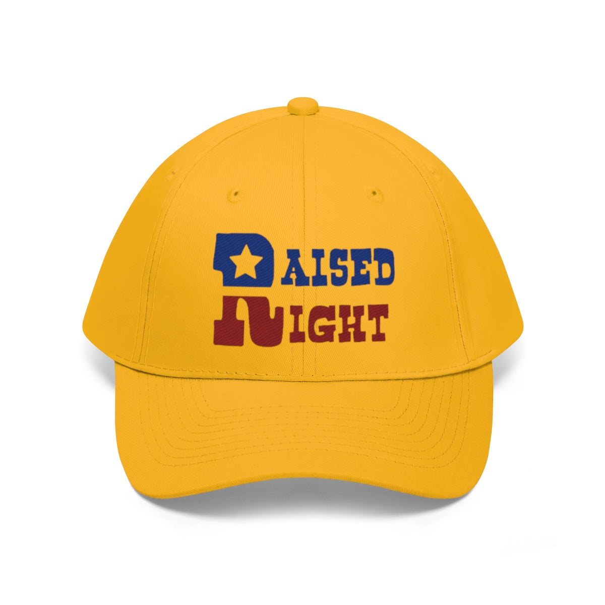 Raised Right Twill Cap Bold Values Casual Wear Cap in yellow with colorful lettering.