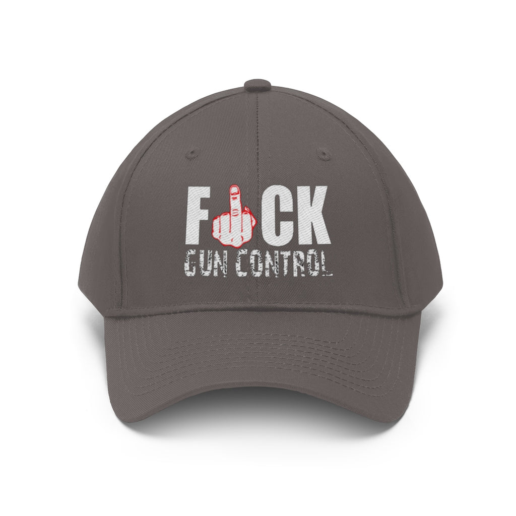 Fuck Gun Control Red Finger Twill Baseball Cap showcasing a bold design with provocative text.