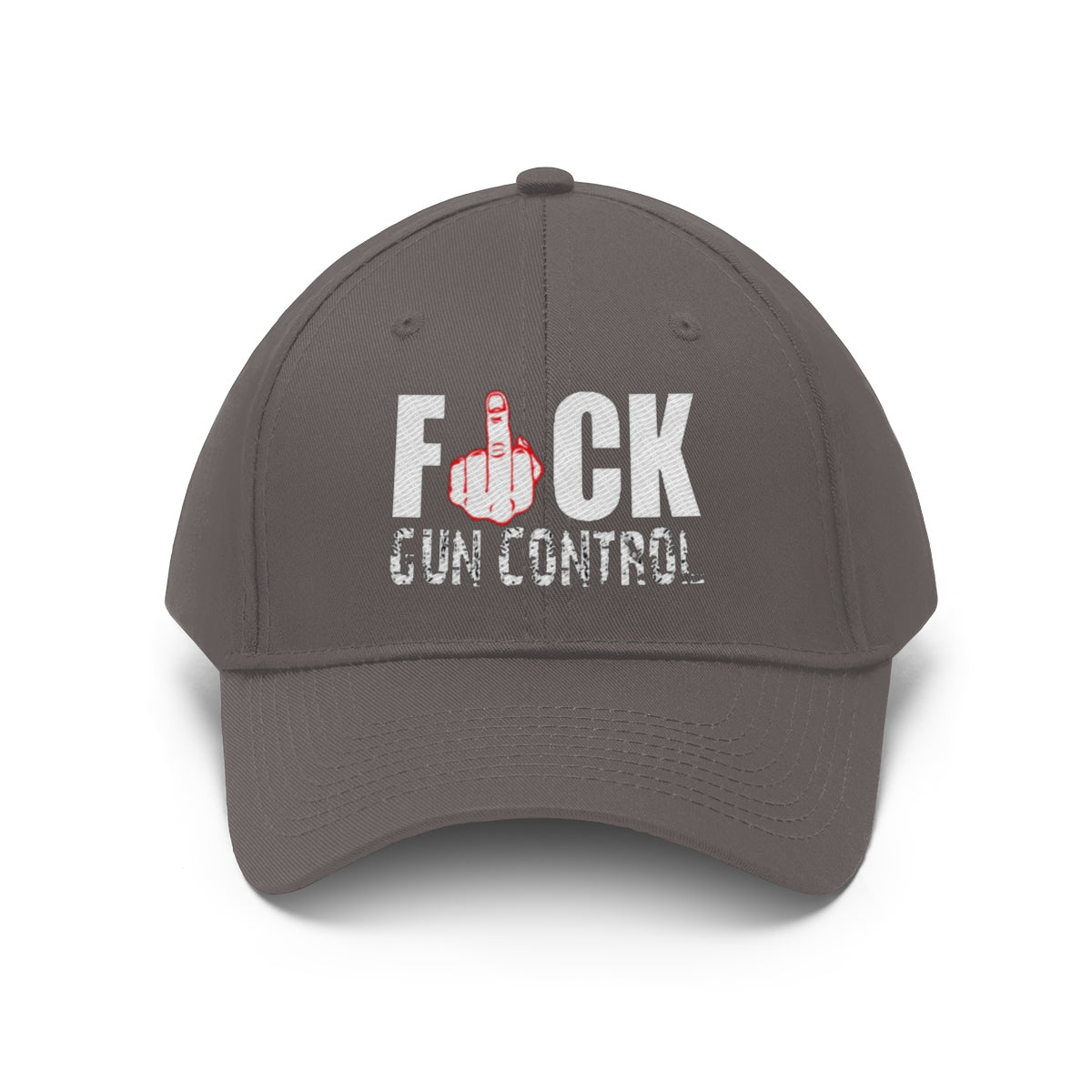 Fuck Gun Control Red Finger Twill Baseball Cap showcasing a bold design with provocative text.