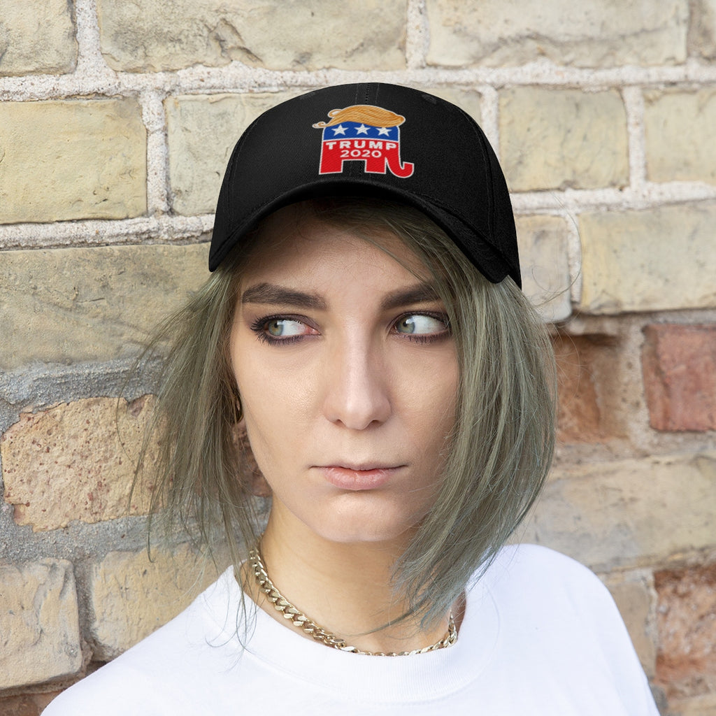 Hair 2020 Twill Baseball Cap Featuring Trump worn by a model with a stylish urban background.