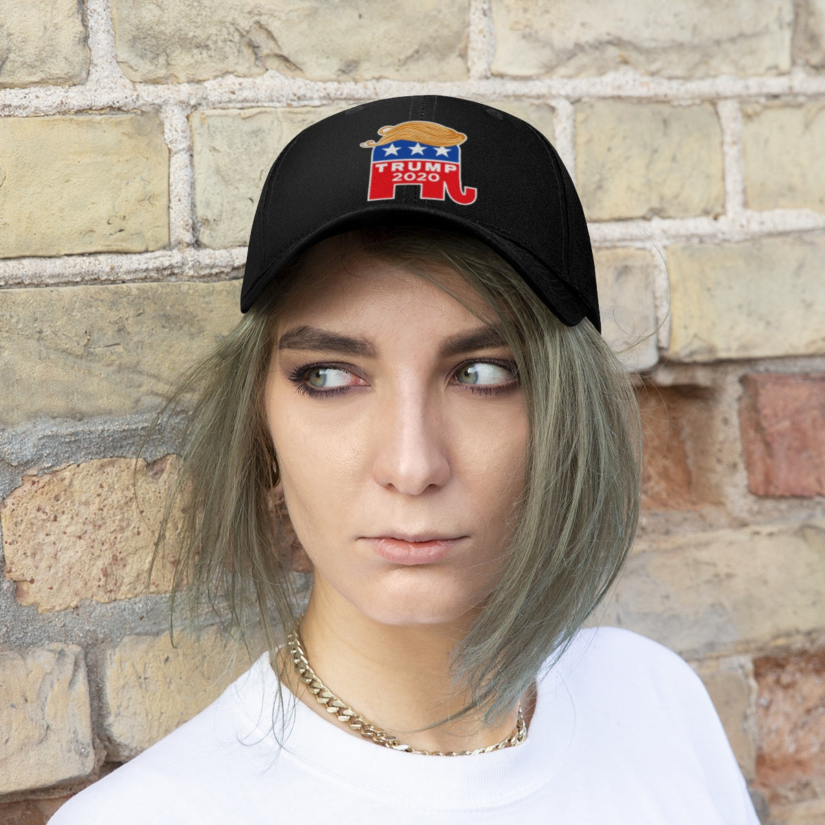 Hair 2020 Twill Baseball Cap Featuring Trump worn by a model with a stylish urban background.