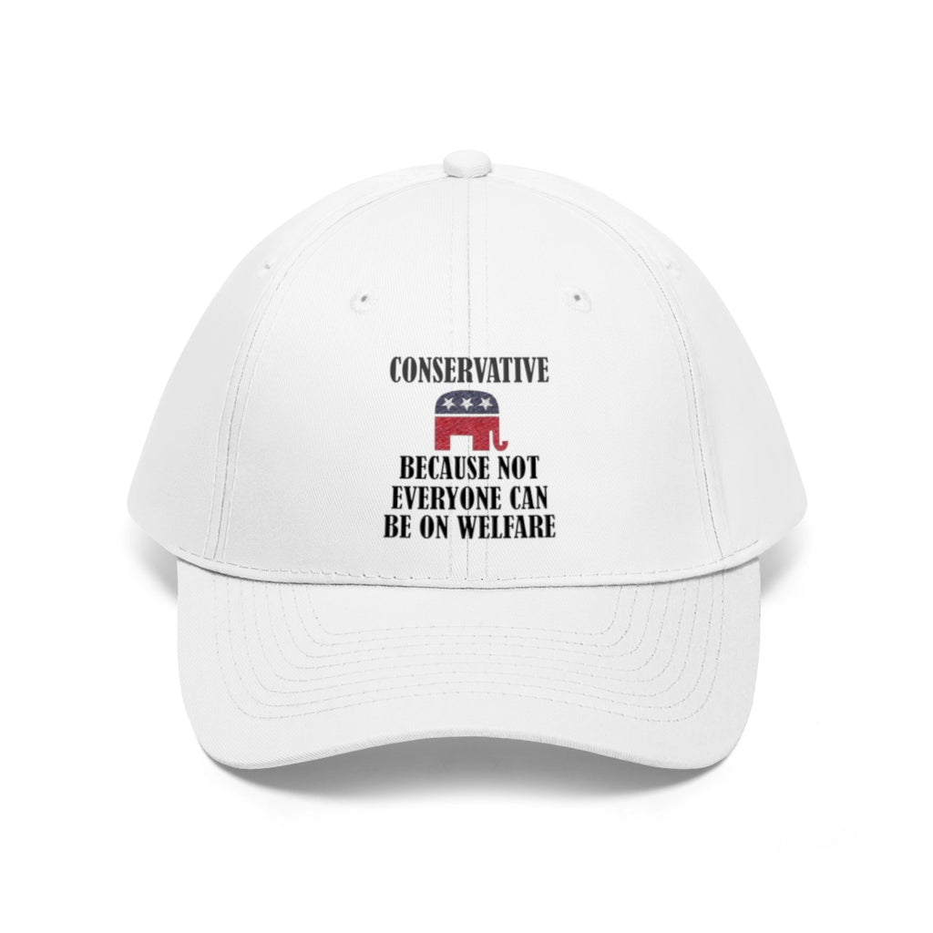 Conservative Values Twill Cap Design featuring text about conservative principles and welfare on a white cap.