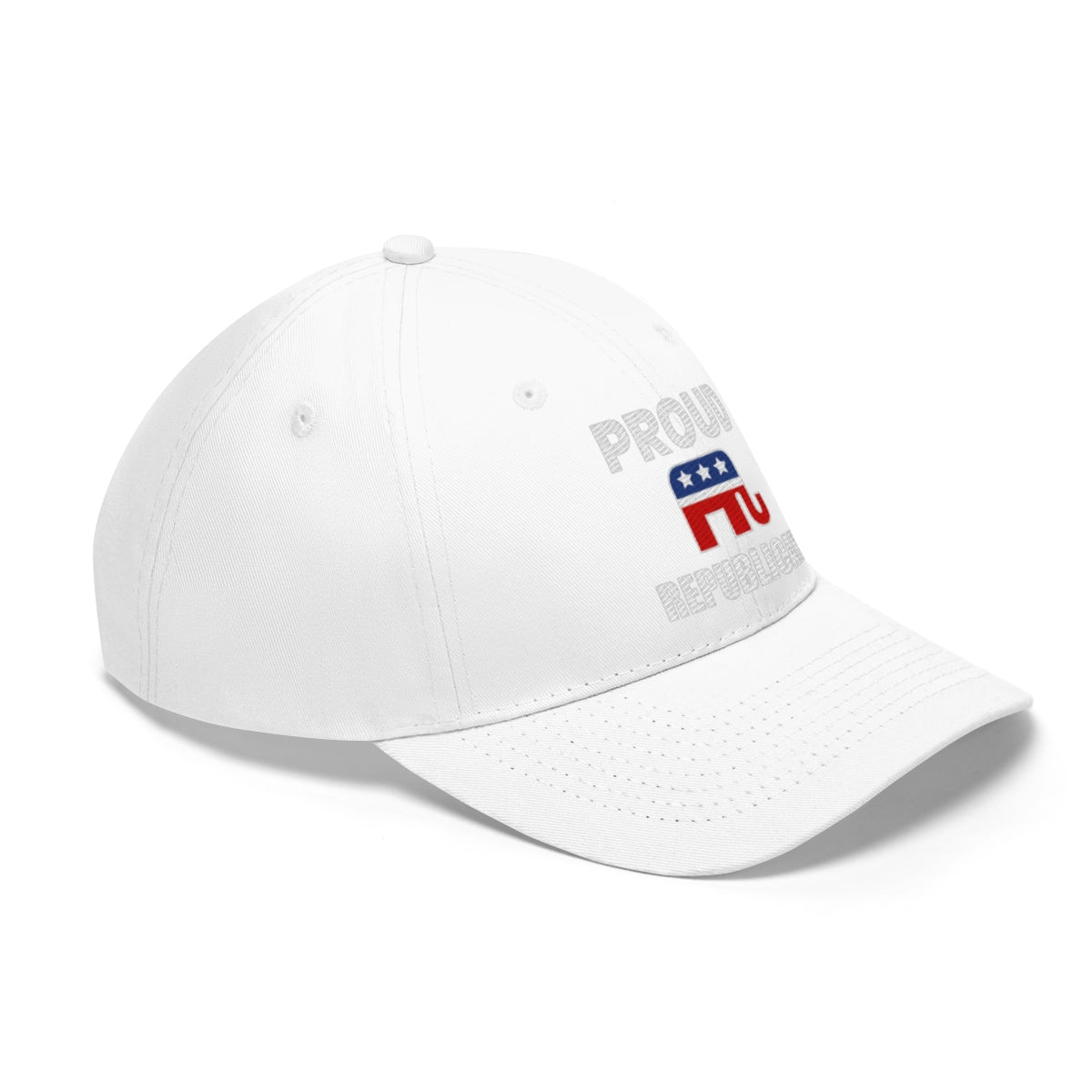Classic Proud Republican Twill Baseball Cap in white with red and blue detailing, perfect for proud political supporters.