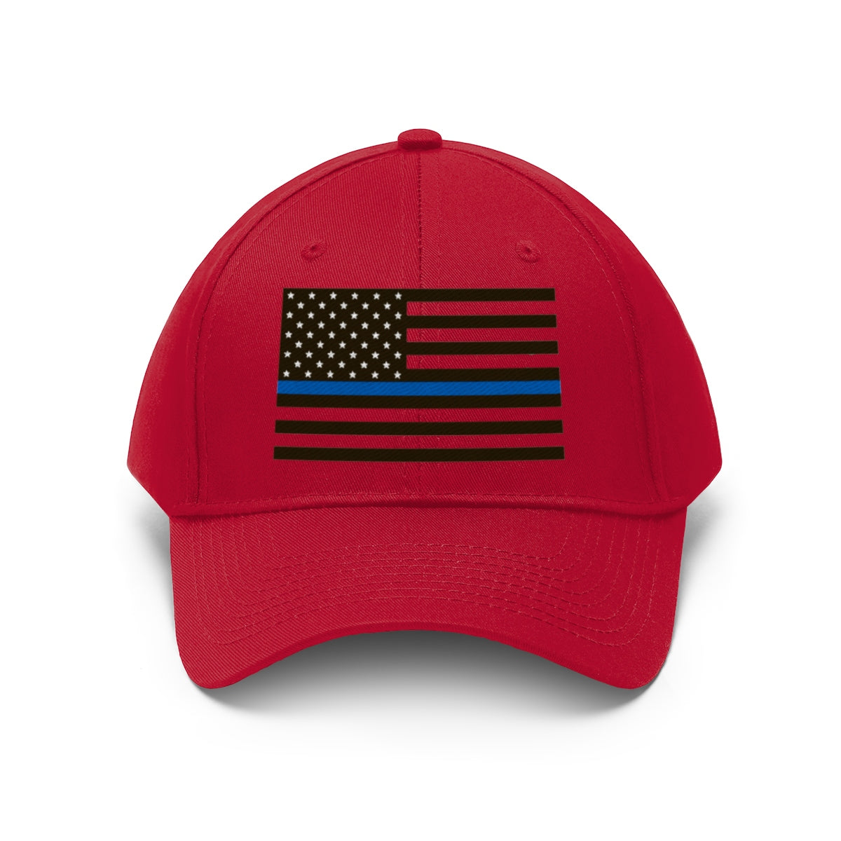 Thin Blue Line American Flag Twill Cap featuring a bold red base and iconic flag design for law enforcement supporters.