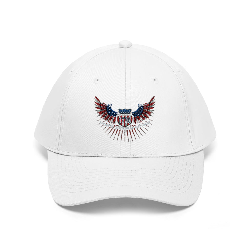 Don't Tread On Me 1776 Eagle American Flag Twill Cap displayed with American flag design on the front.