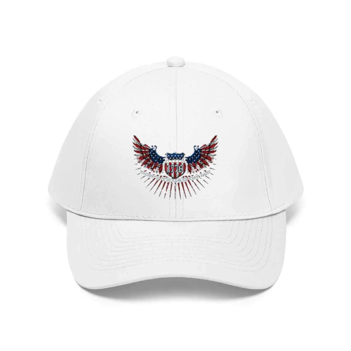 Don't Tread On Me 1776 Eagle American Flag Twill Cap displayed with American flag design on the front.