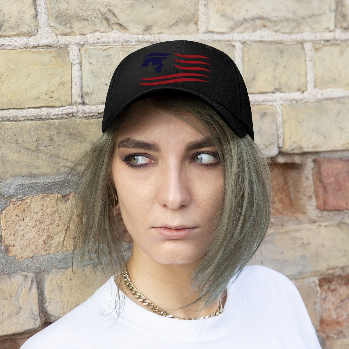 American Flag Twill Cap Trump Classic Patriotic Cap worn by a person against a brick wall.