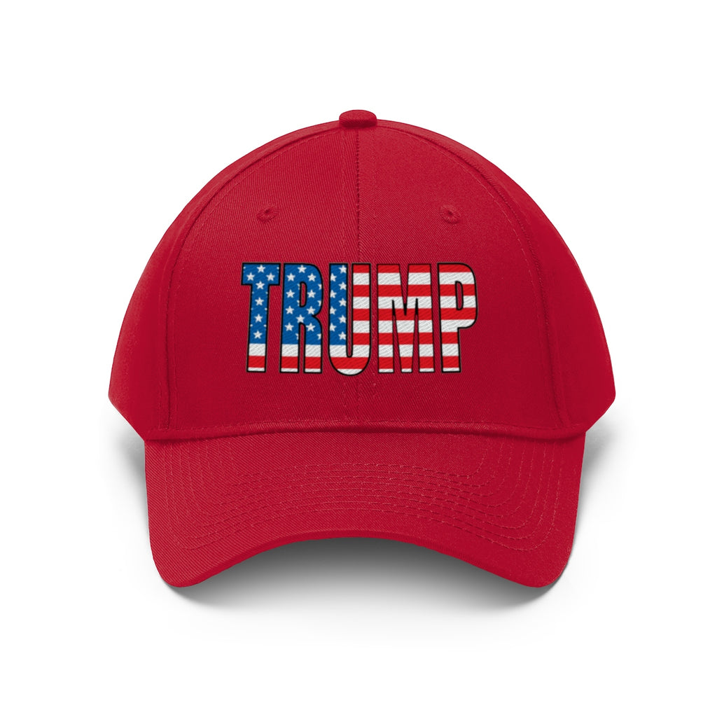 American Flag Twill Cap Patriotic Trump Classic Cap featuring bold Trump lettering in red and blue.
