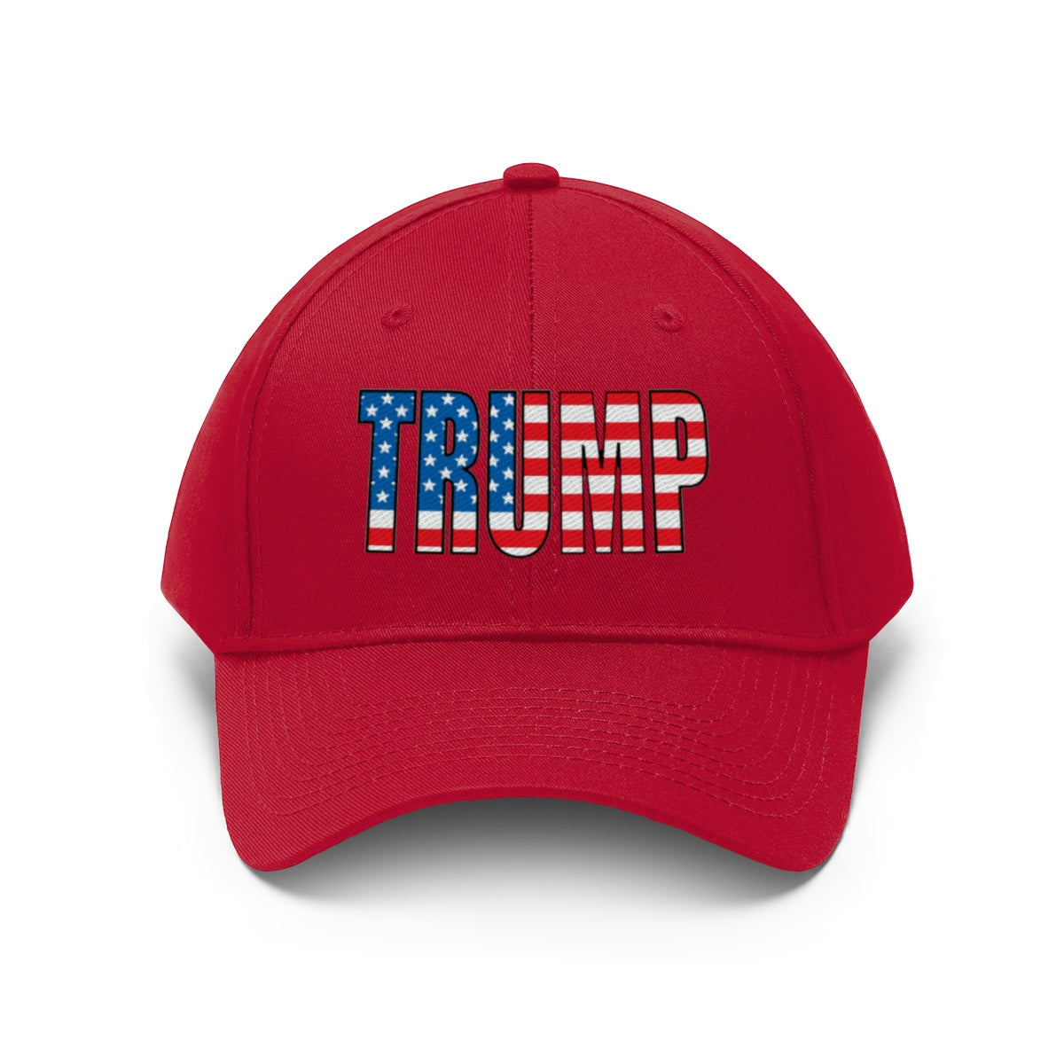 American Flag Twill Cap Patriotic Trump Classic Cap featuring bold Trump lettering in red and blue.