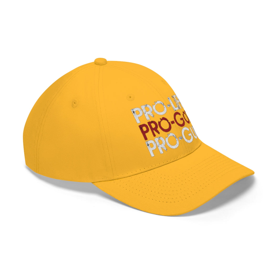 Pro-Life Pro-God Pro-Gun Cotton Twill Cap in vibrant yellow with bold lettering.