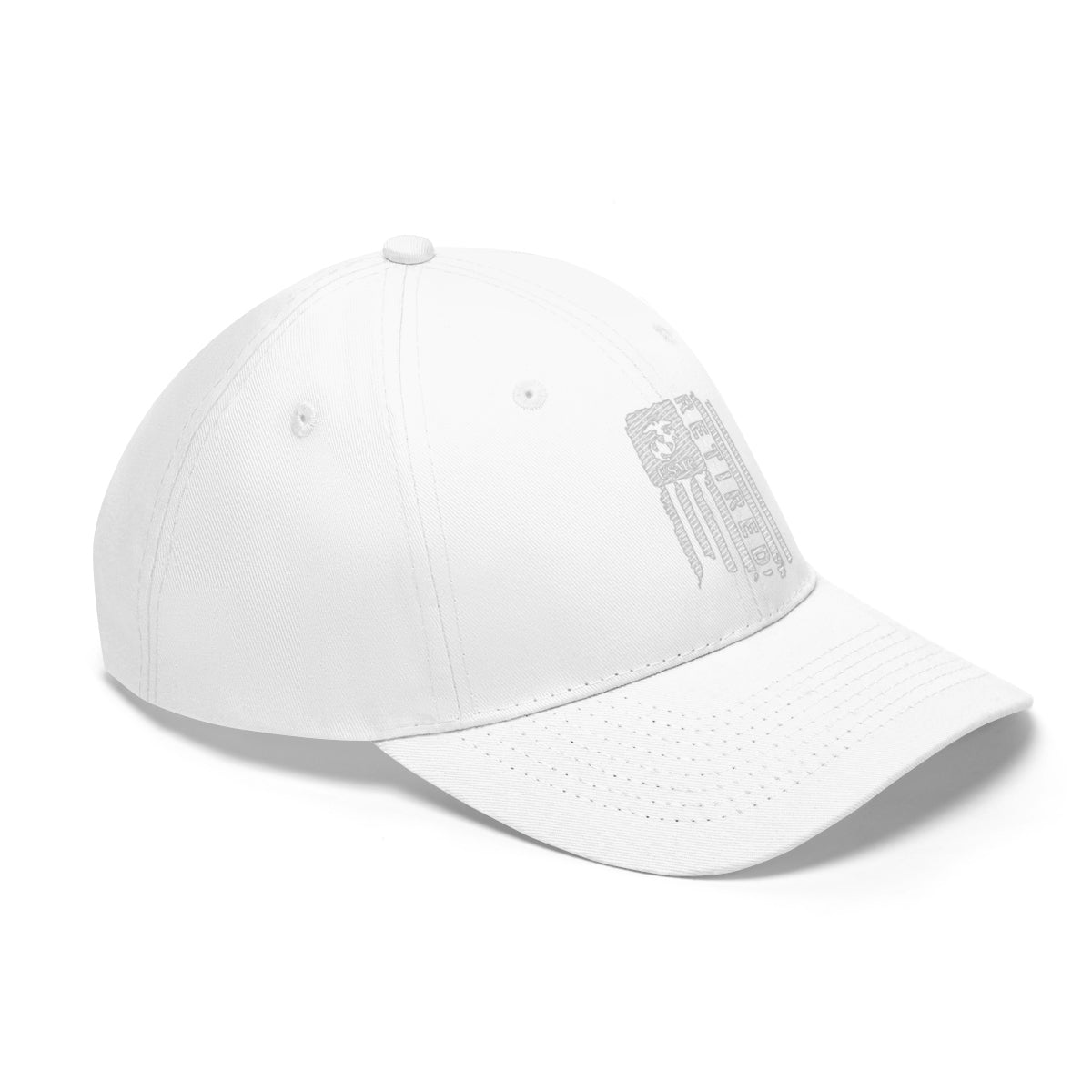 USMC Retired On Distressed American Flag Twill Cap featuring a stylish white design.