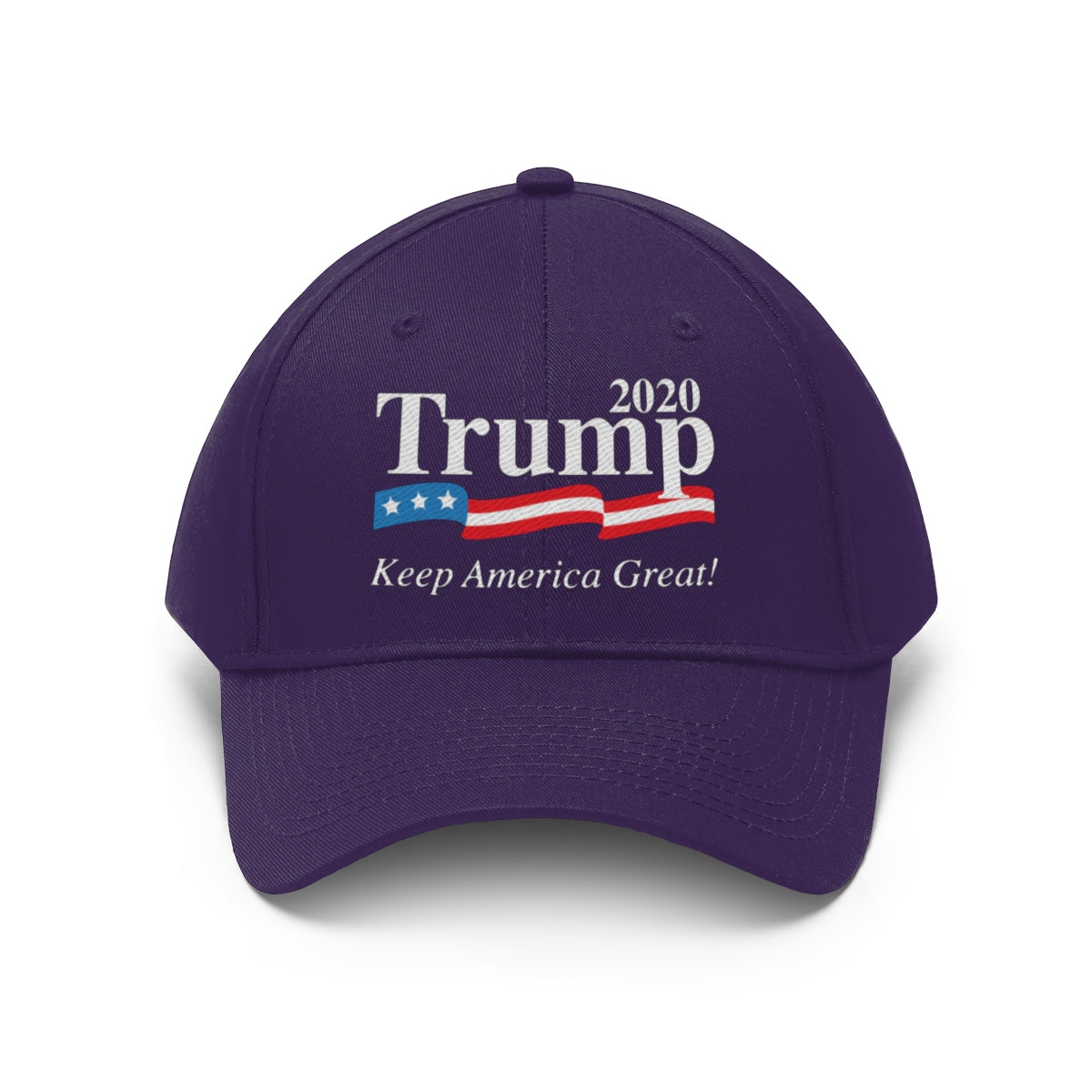 Trump 2020 Keep America Great Twill Cap in purple color with patriotic design.