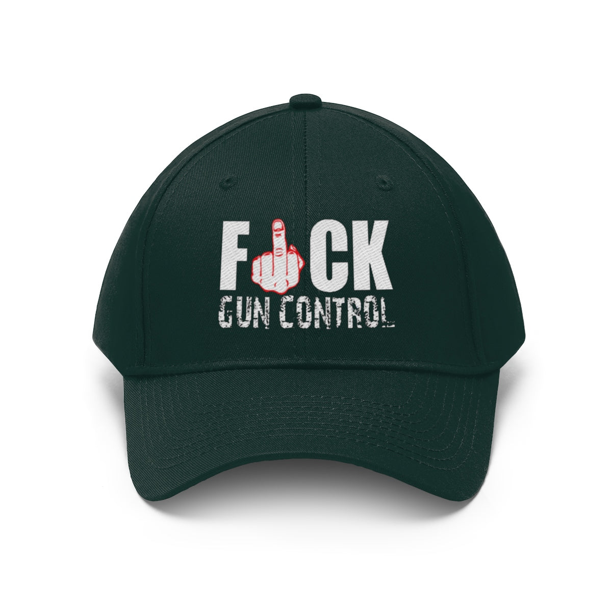 Fuck Gun Control Red Finger Twill Baseball Cap featuring bold message and finger graphic on dark cap.