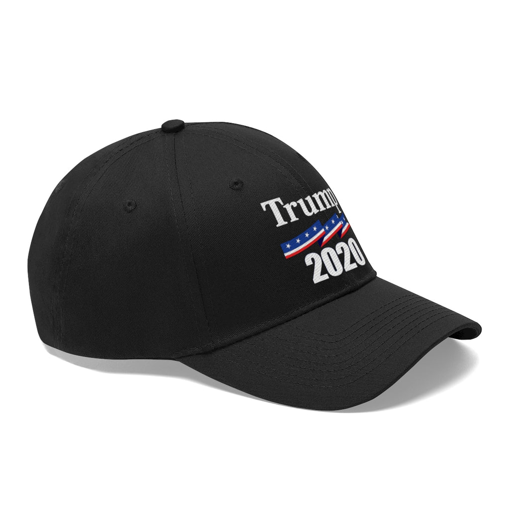 Patriotic 2020 Twill Cap for Trump showcasing a black cap with Trump 2020 design.