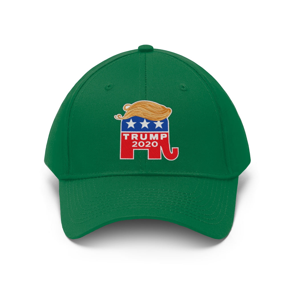 Hair 2020 Twill Baseball Cap Featuring Trump in green with iconic Trump logo.