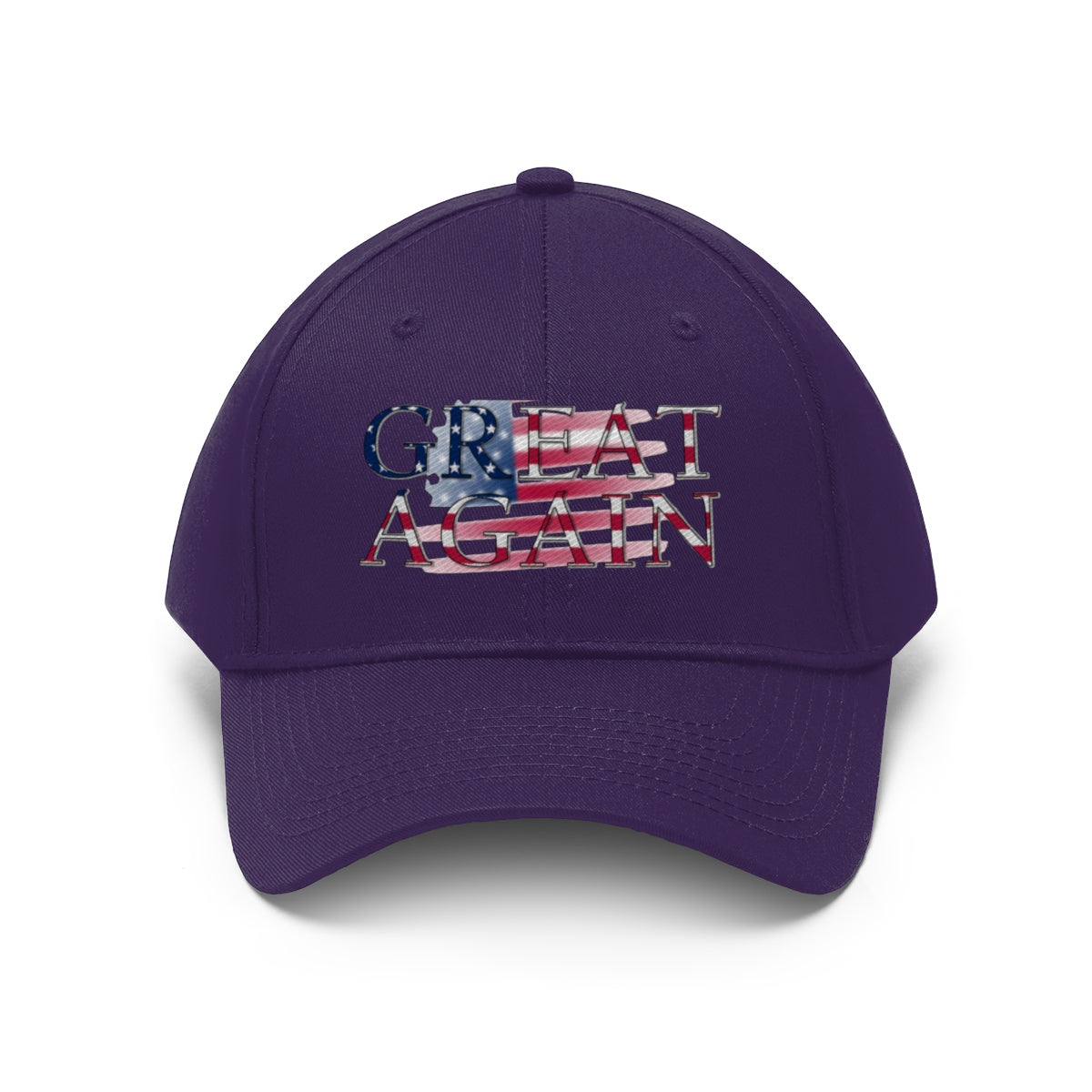 Great Again On Faded American Flag Twill Cap featuring a bold American flag design on a purple hat.