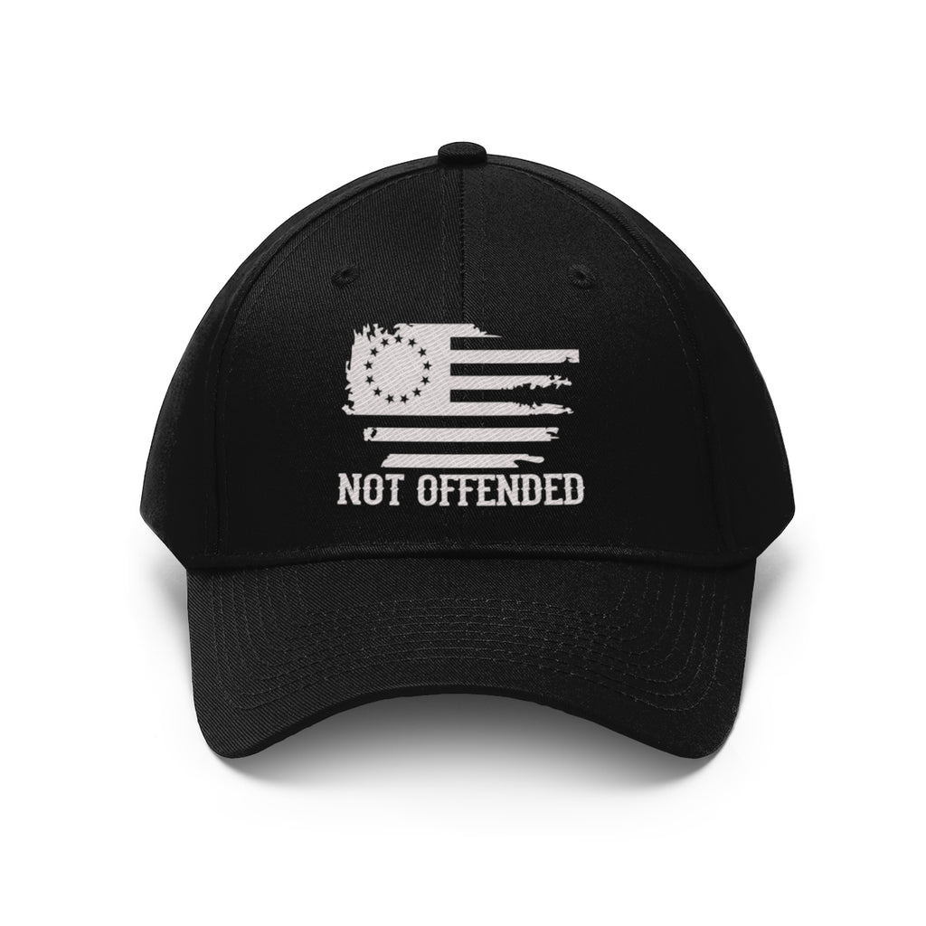Embroidered Not Offended Adjustable Twill Cap featuring a bold flag design and statement text.
