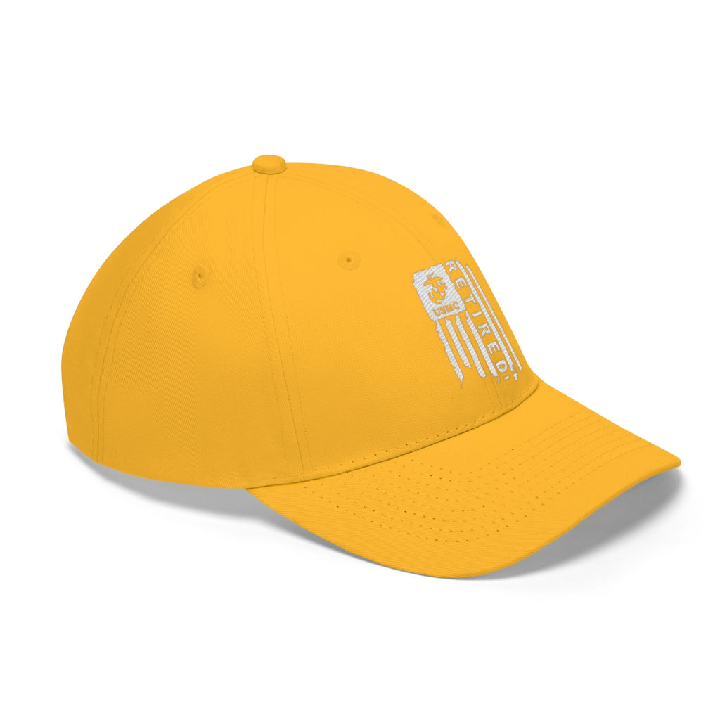 USMC Retired On Distressed American Flag Twill Cap in yellow, featuring a patriotic design.