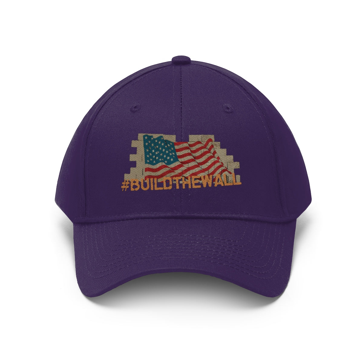 Build The Wall On American Flag Twill Cap with patriotic flag design and bold messaging.