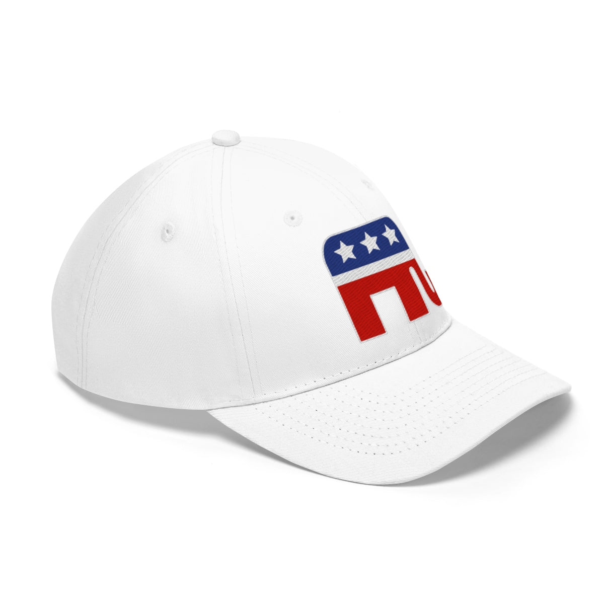GOP Symbol Twill Cap Patriotic Political Graphic Cap with a white base and red, white, and blue logo.