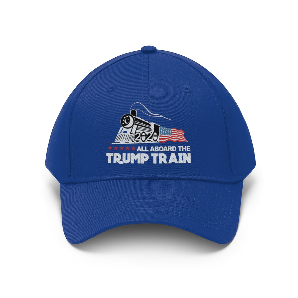 All Aboard The Trump Train 2020 Twill Cap featuring a blue design with a train graphic and slogan.