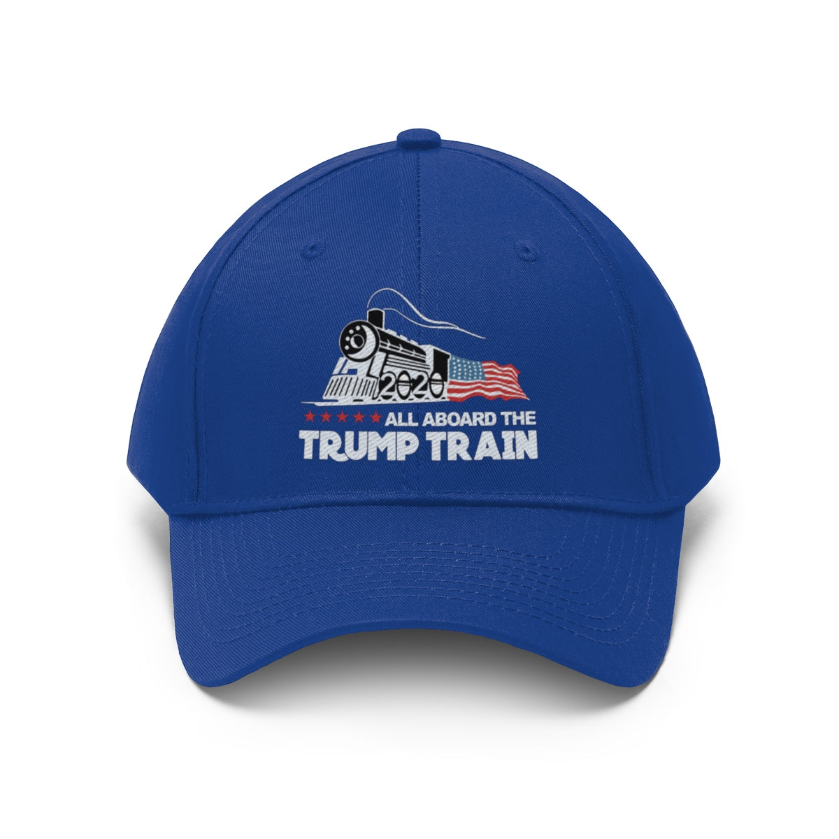 All Aboard The Trump Train 2020 Twill Cap featuring a blue design with a train graphic and slogan.