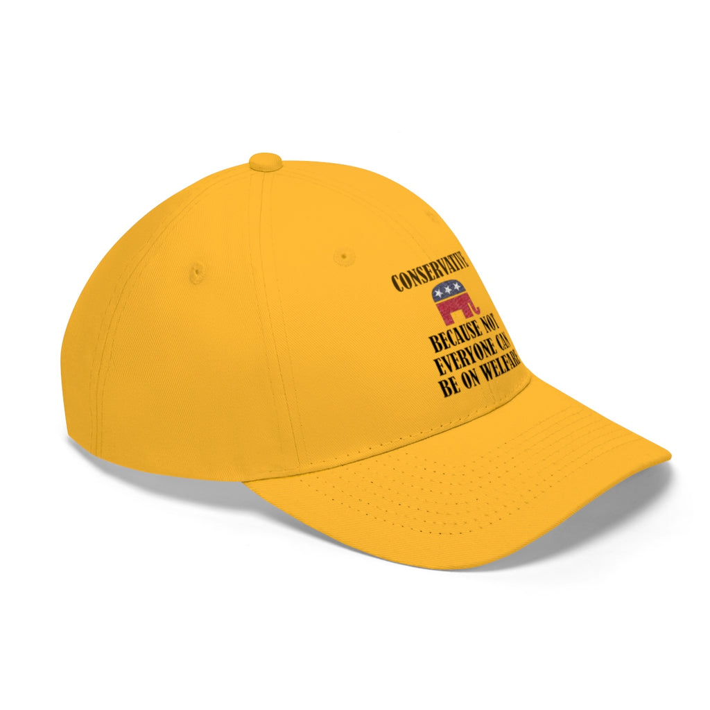Conservative Values Twill Cap Design featuring bold text on a yellow baseball cap.