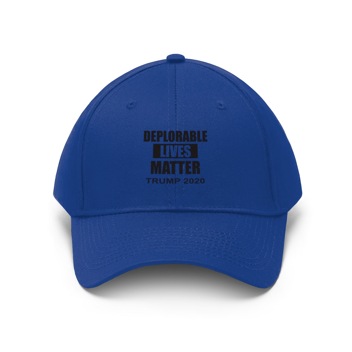 Deplorable Lives Matter Trump 2020 Twill Cap in blue with bold text promoting political statement.