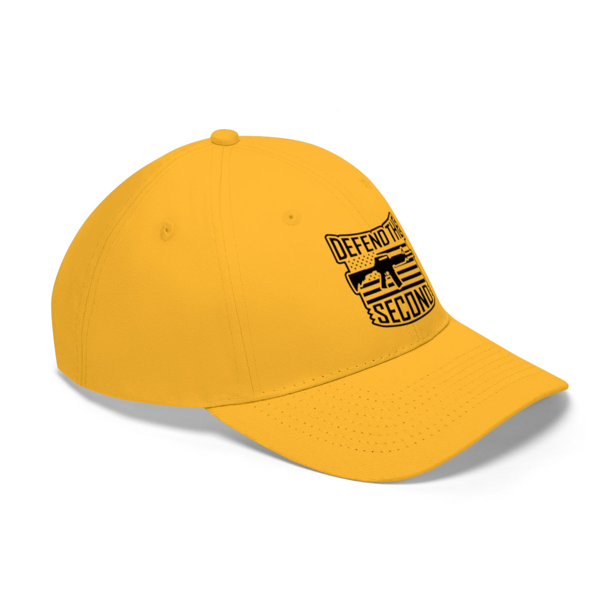 Defend the Second Patriotic Twill Cap yellow headwear with bold logo design showcasing Second Amendment rights.