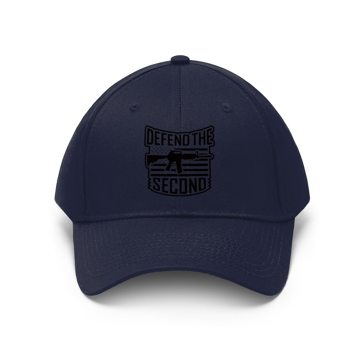 Defend the Second Patriotic Twill Cap featured in navy color with a bold graphic design for Second Amendment supporters.