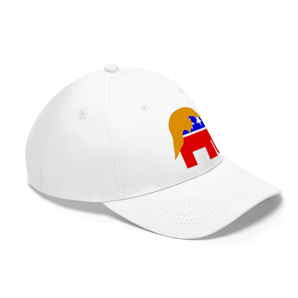 GOP Symbol With Trump Hair Twill Cap showcasing a white dad hat with the GOP elephant logo and Trump hairstyle.