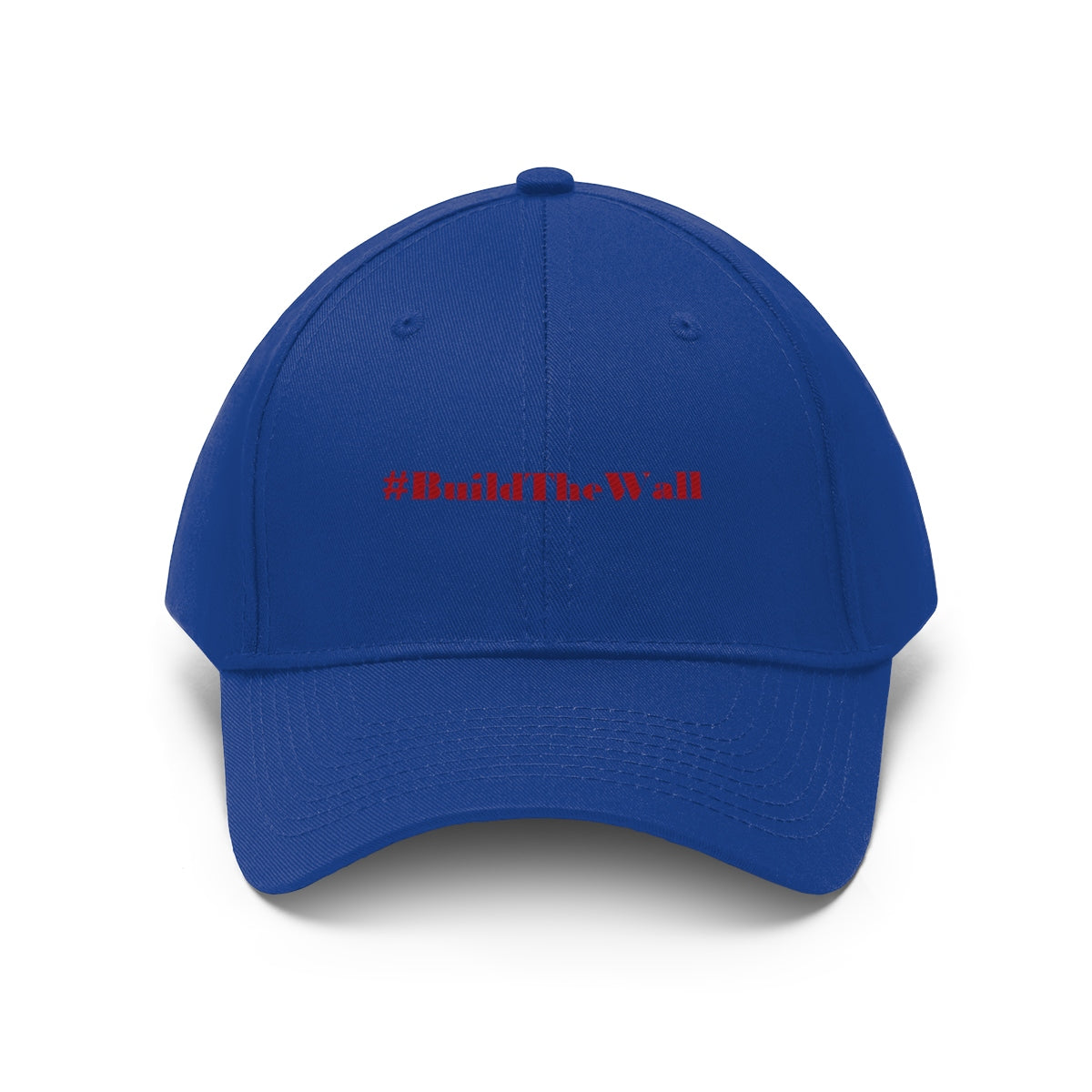 Build The Wall Embroidered Cotton Twill Cap featuring #BuildTheWall in bold red on a blue cap.