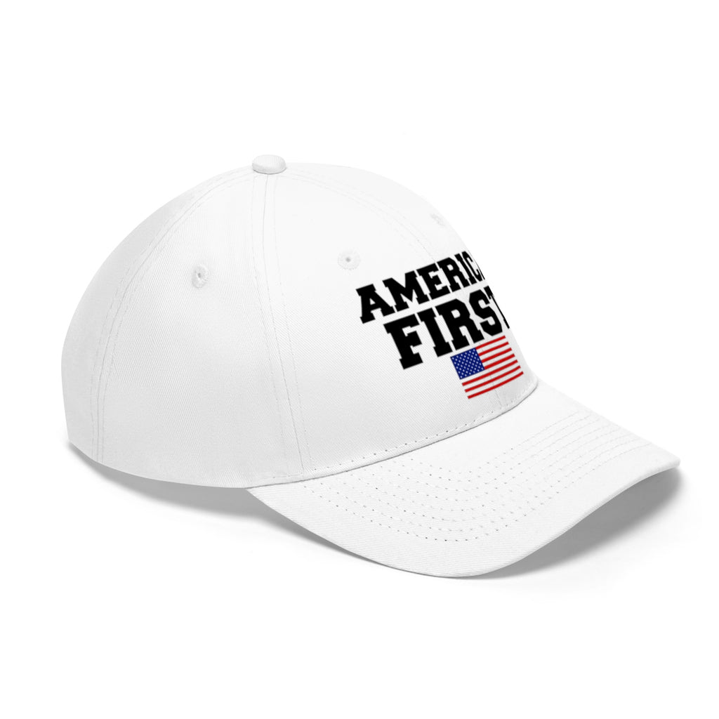 America First Patriotic Twill Cap featuring bold print and American flag design on a white baseball cap.