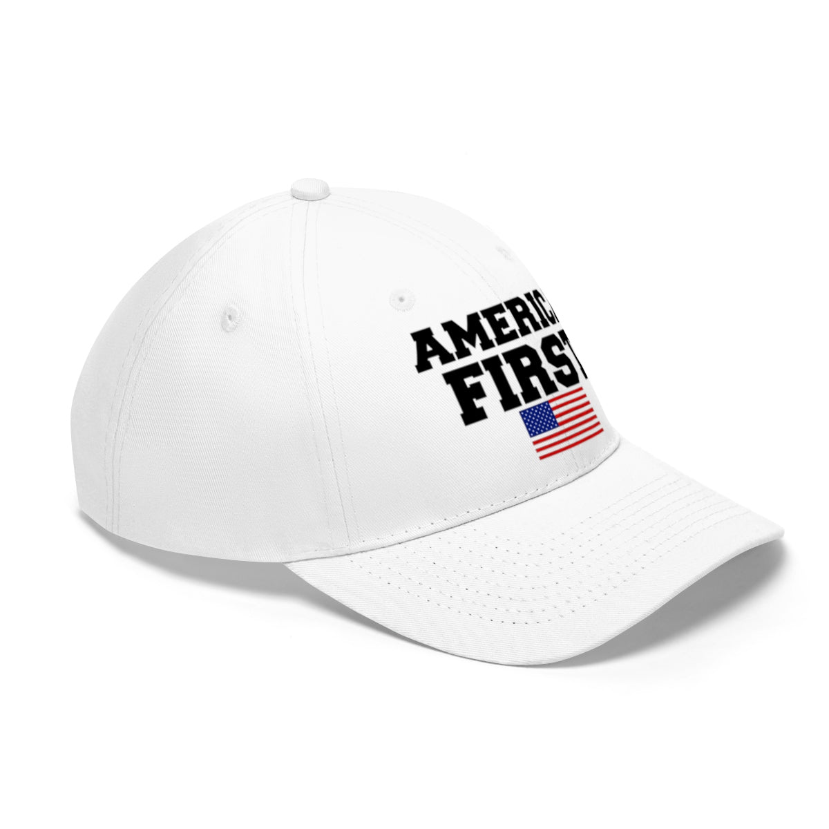 America First Patriotic Twill Cap featuring bold print and American flag design on a white baseball cap.