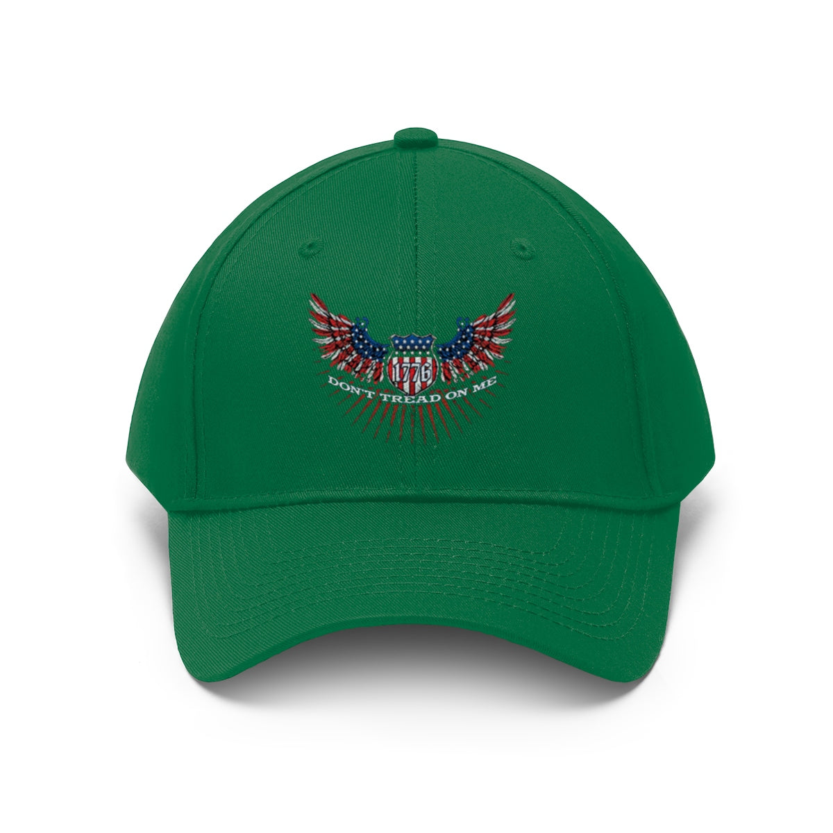 Don't Tread On Me 1776 Eagle American Flag Twill Cap featuring an intricate eagle design on a green cap.