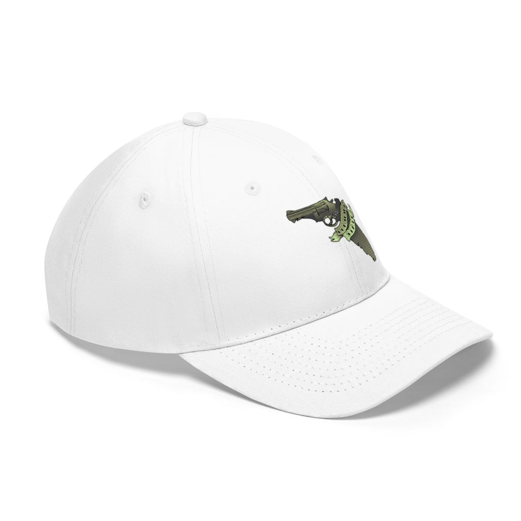 Florida The Gunshine State Twill Cap featuring a stylish gun graphic on a white cap.
