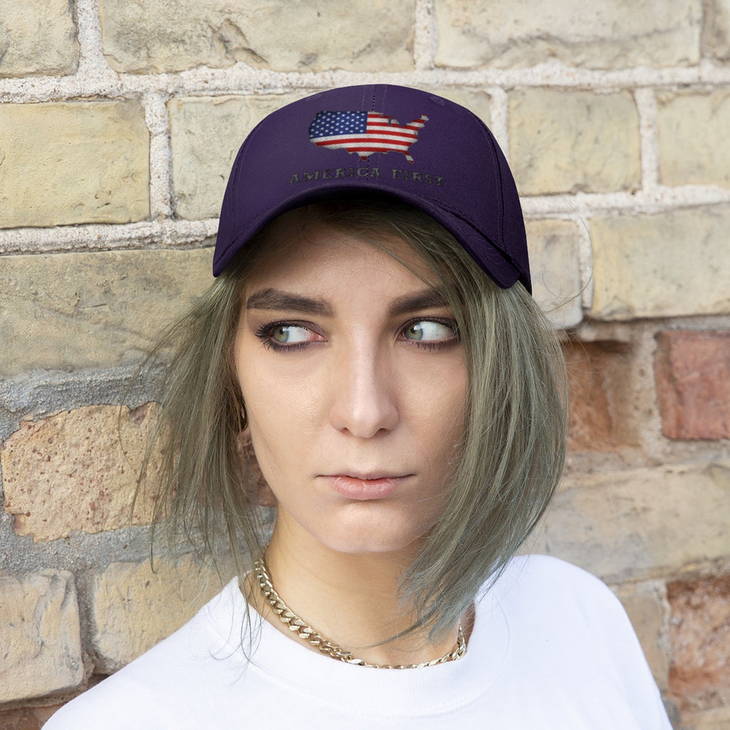 America First Twill Cap Bold USA Pride Casual Cap worn by a model with a flag design on a purple hat.