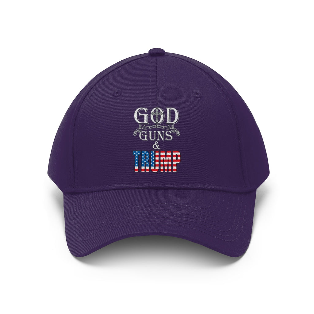 God Guns And Twill Cap Trump Patriotic Statement Hat in purple with patriotic lettering design.