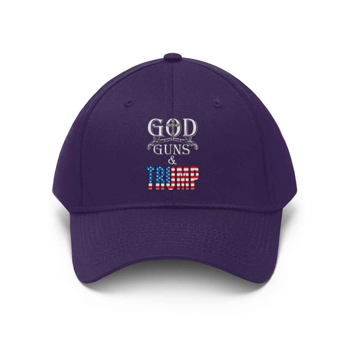 God Guns And Twill Cap Trump Patriotic Statement Hat in purple with patriotic lettering design.