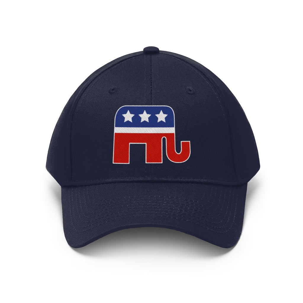 GOP Symbol Twill Cap Patriotic Political Graphic Cap featuring an elephant logo in red, white, and blue.