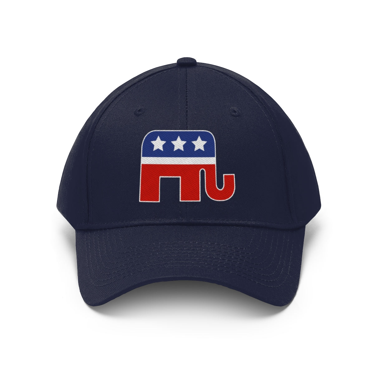 GOP Symbol Twill Cap Patriotic Political Graphic Cap featuring an elephant logo in red, white, and blue.