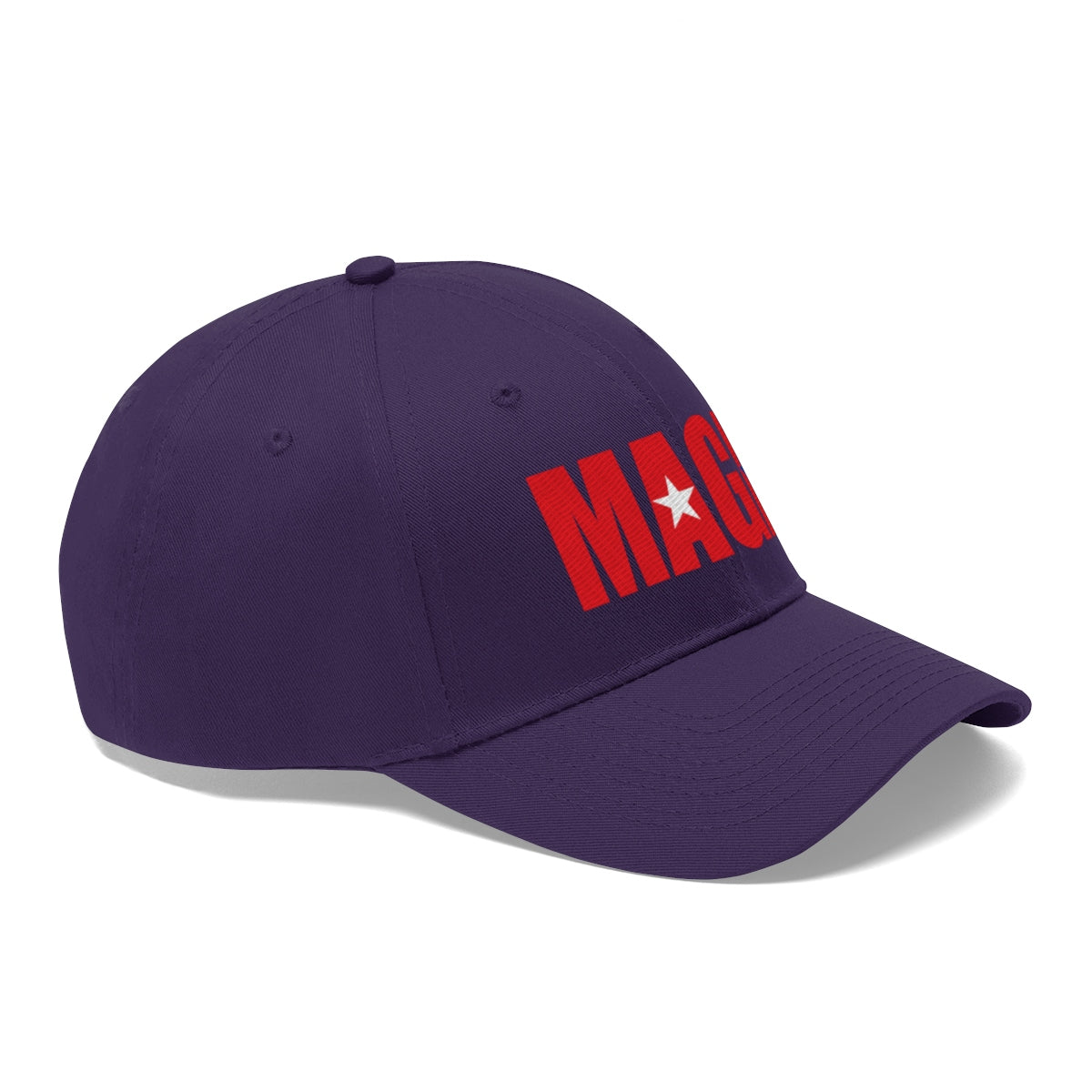 Embroidered MAGA Cotton Twill Cap Design showcasing a purple cap with bold red MAGA lettering and star detail.