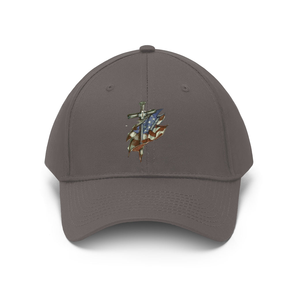 Dagger and Sword Embroidered Twill Cap featuring a design of a sword and flag.