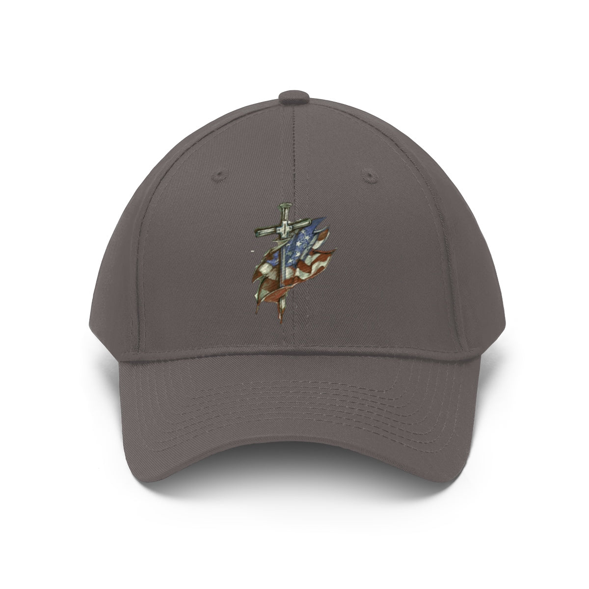Dagger and Sword Embroidered Twill Cap featuring a design of a sword and flag.