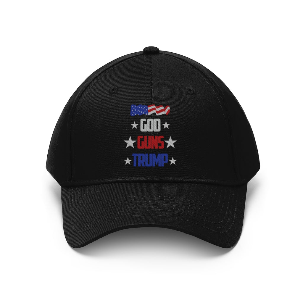 God Guns Trump Patriotic Twill Cap with American flag design on black hat.